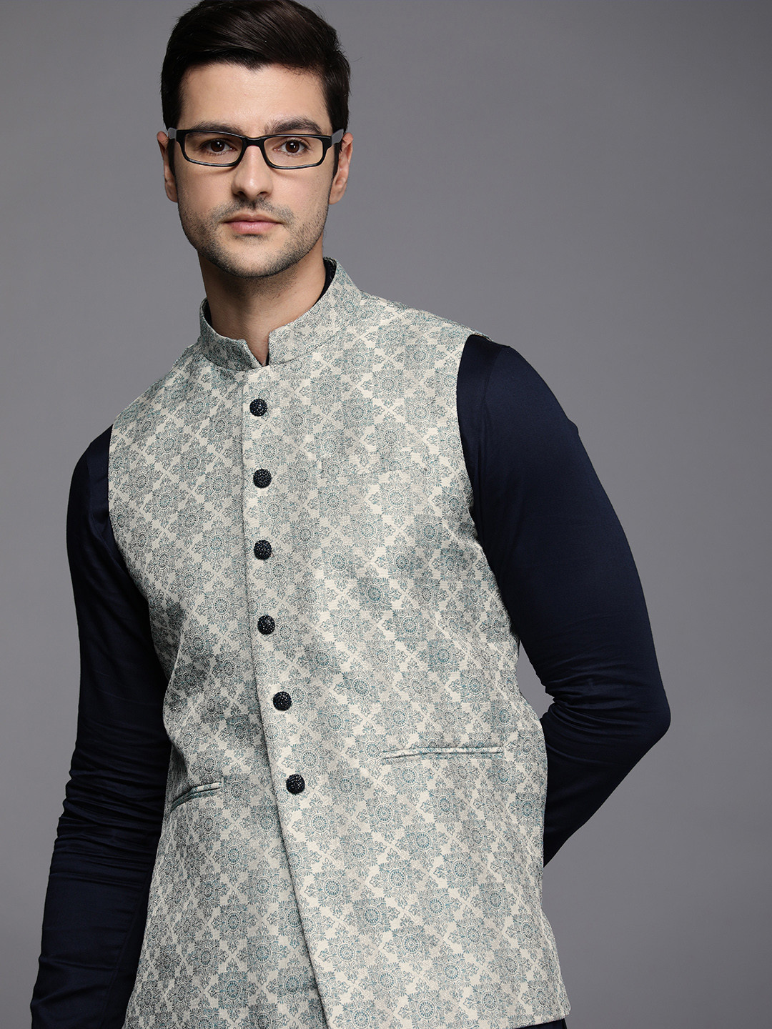 Manyavar Men Off-White & Blue Jacquard Design Nehru Jacket