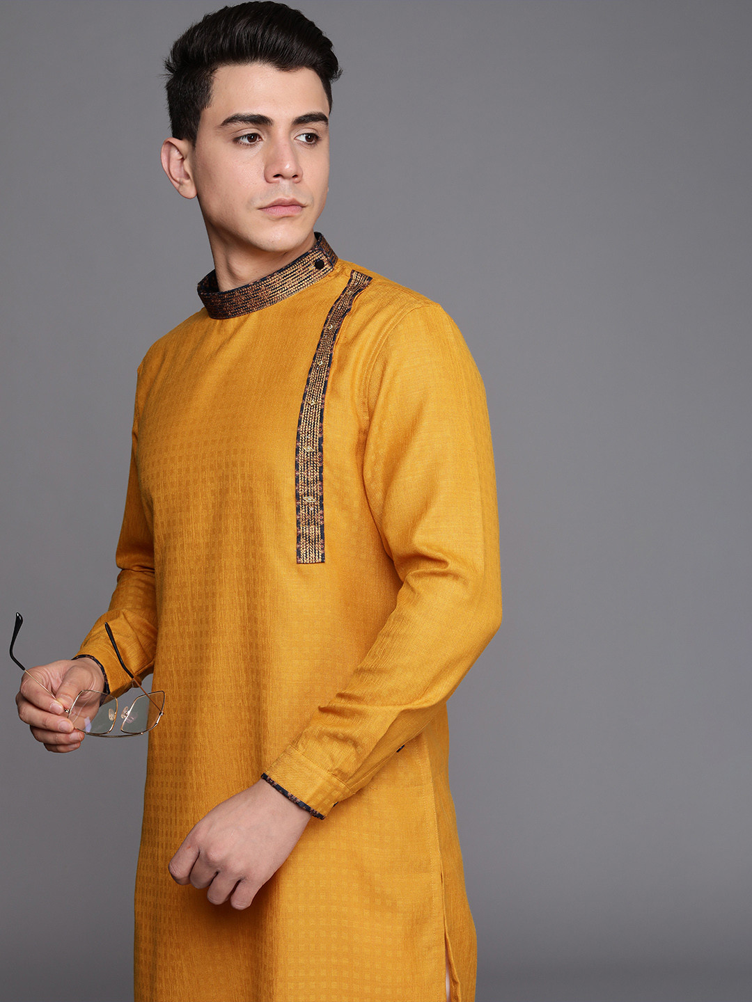 Manyavar Men Orange Self Design Patchwork Detail Kurta