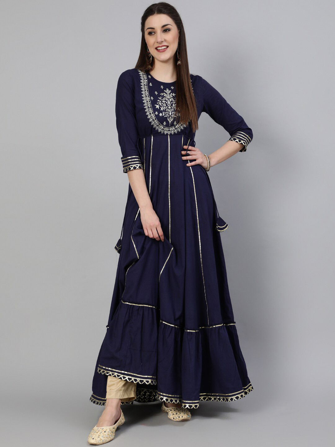 KIMAYRA Women Navy Blue Ethnic Motifs Yoke Design Gotta Patti Cotton Anarkali Kurta