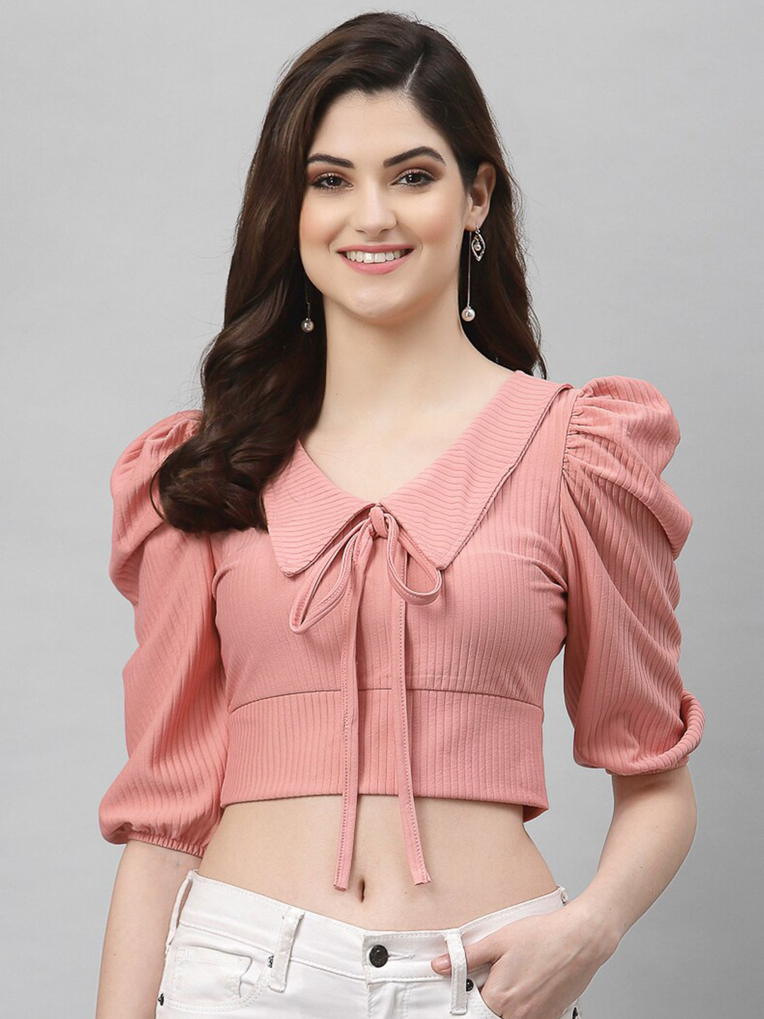 Selvia Women Pink Scuba Crop Top With Tie-Ups