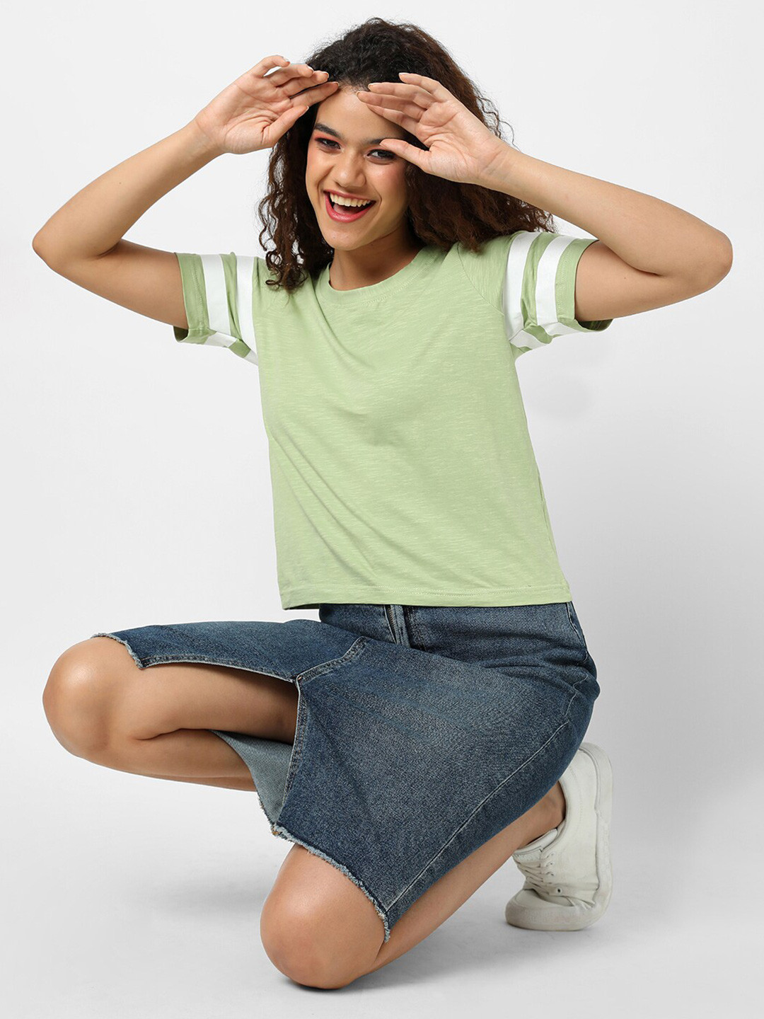 Campus Sutra Women Sage Green & White Pure Cotton Top