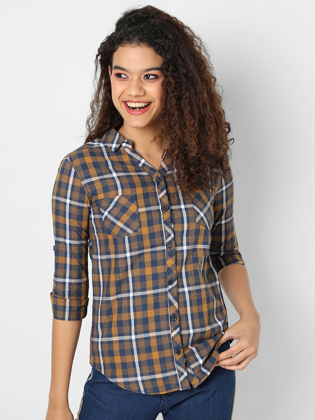 Campus Sutra Women Brown Classic Tartan Checked Casual Shirt