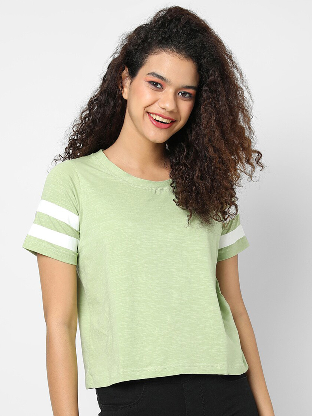 Campus Sutra Women Sage Green & White Pure Cotton Top