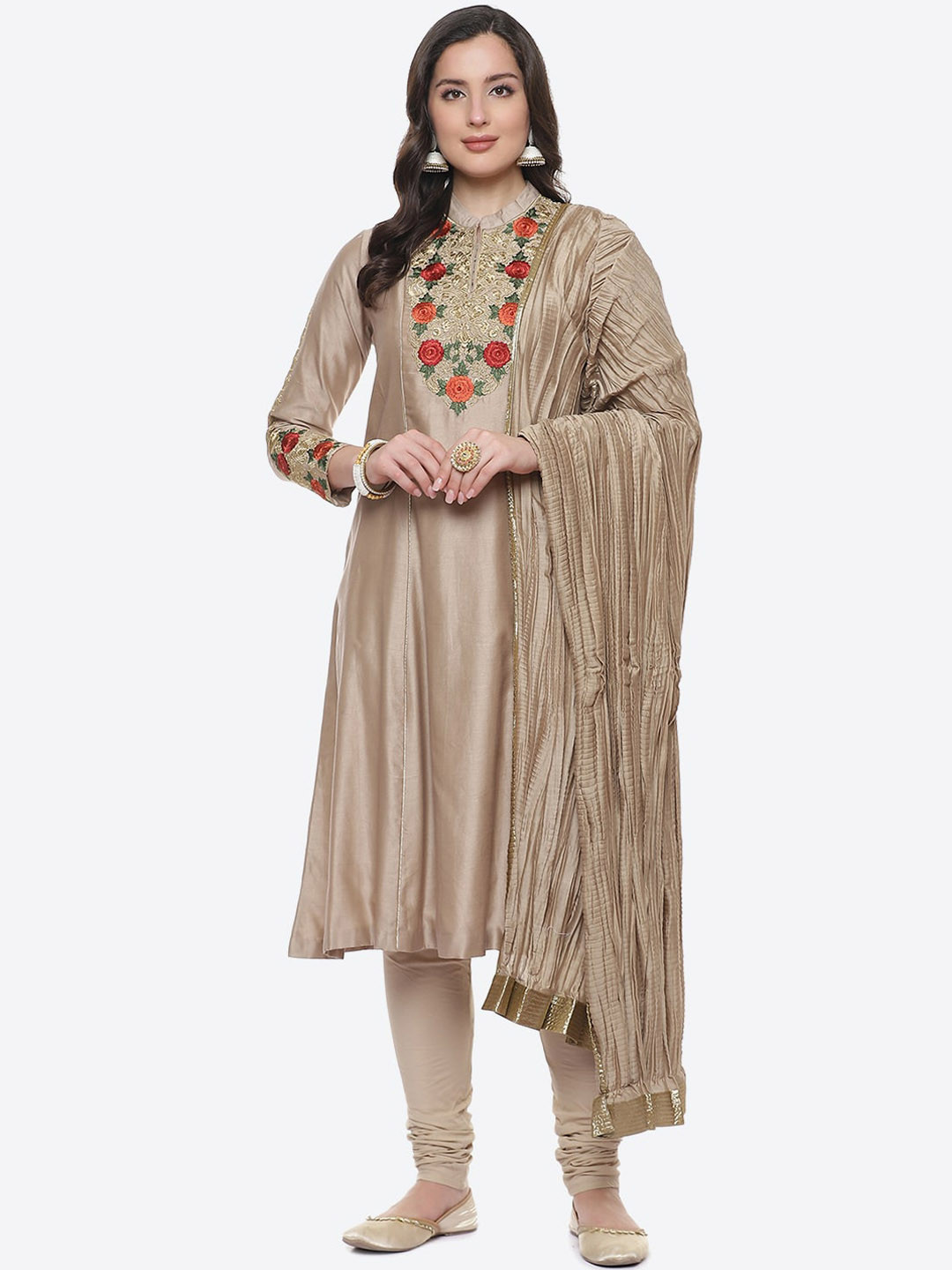 Biba by Rohit Bal by Rohit Bal Beige Embroidered Panelled Chanderi Silk Kurta with Churidar & Dupatta