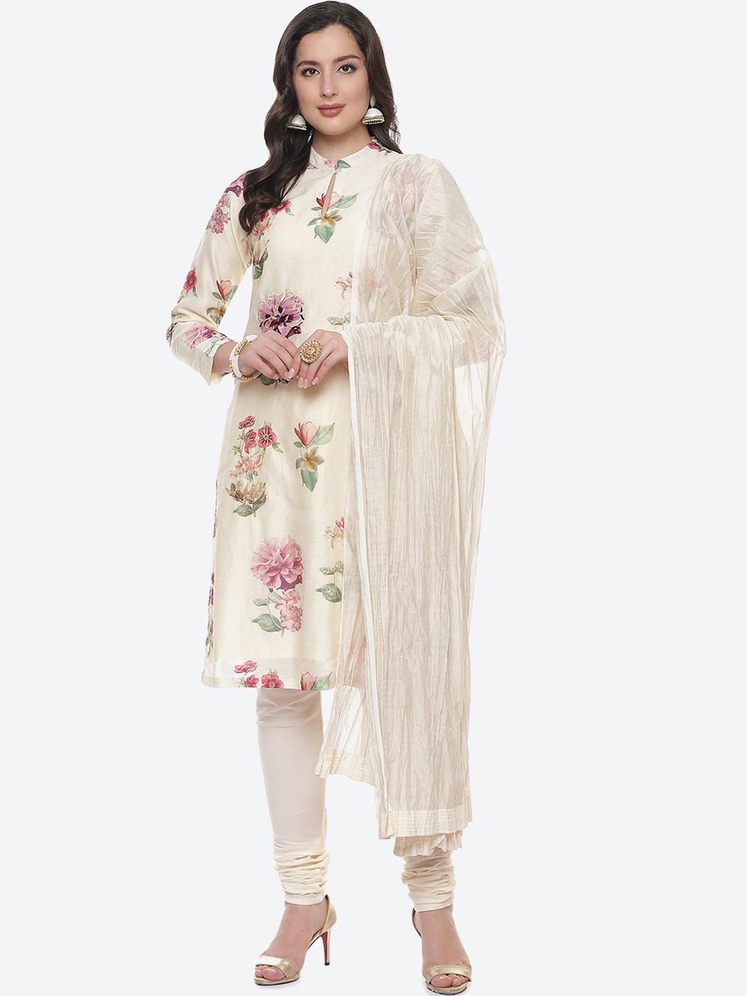 Biba by Rohit Bal by Rohit Bal Off White Floral Embroidered Chanderi Silk Kurta with Churidar & Dupatta