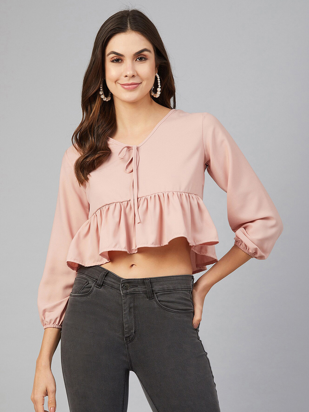 CHIMPAAANZEE Pink Ruffles Peplum Crop Top