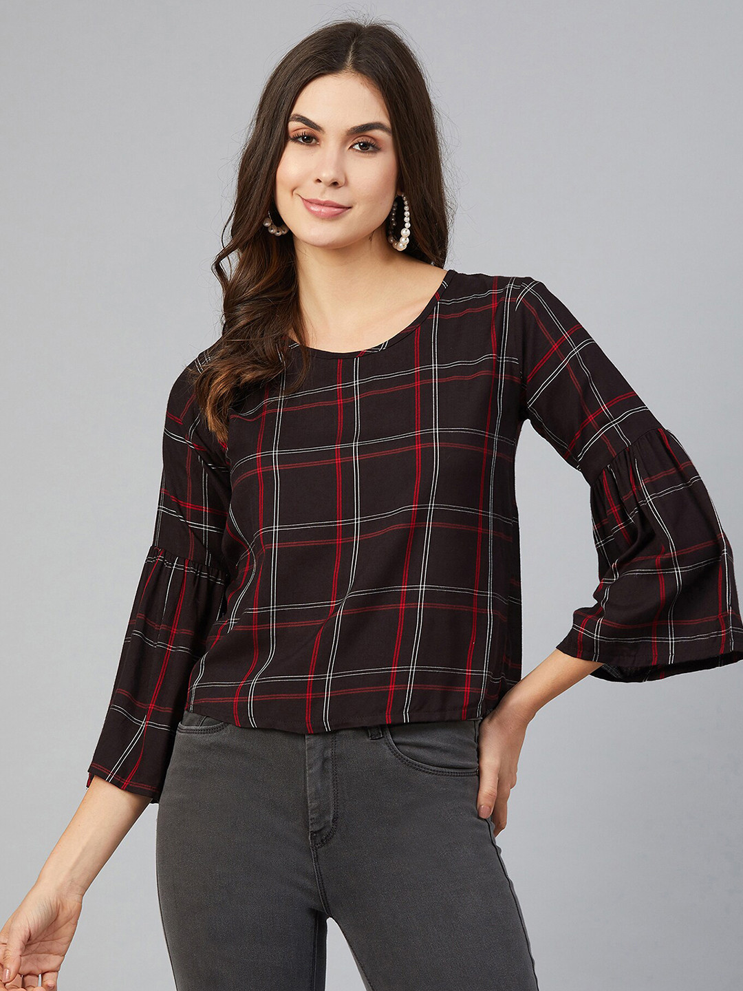 CHIMPAAANZEE Women Red & Brown Checked Top