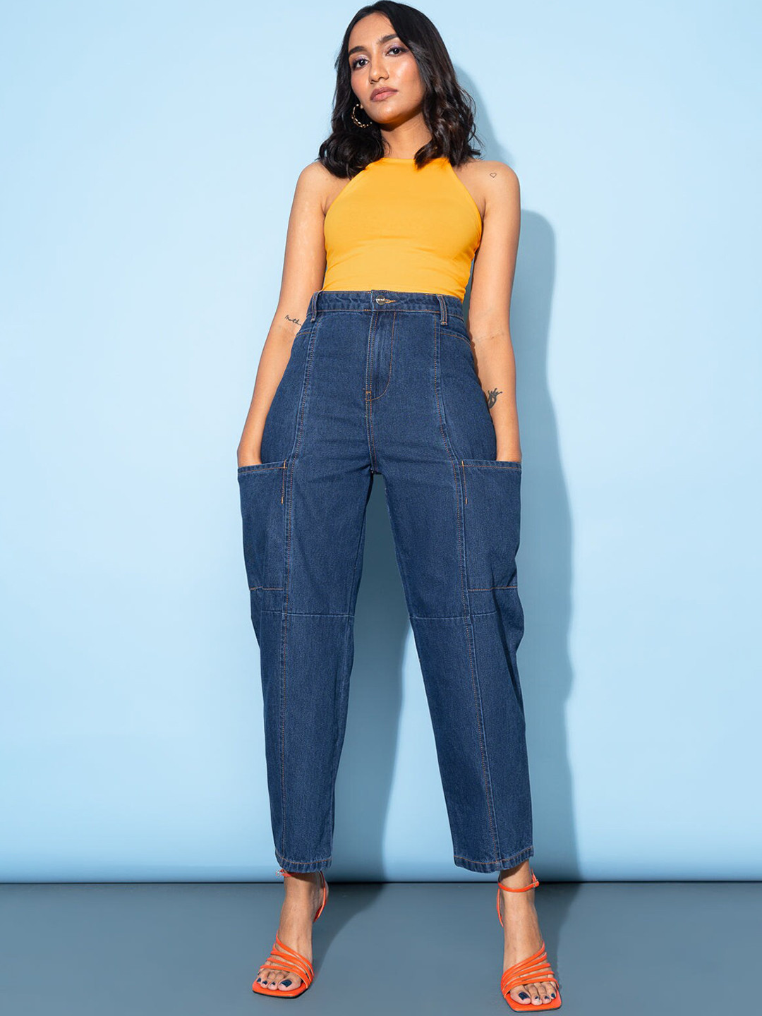 FREAKINS Women Stunning Blue High-Rise Relaxed Fit Cropped Jeans