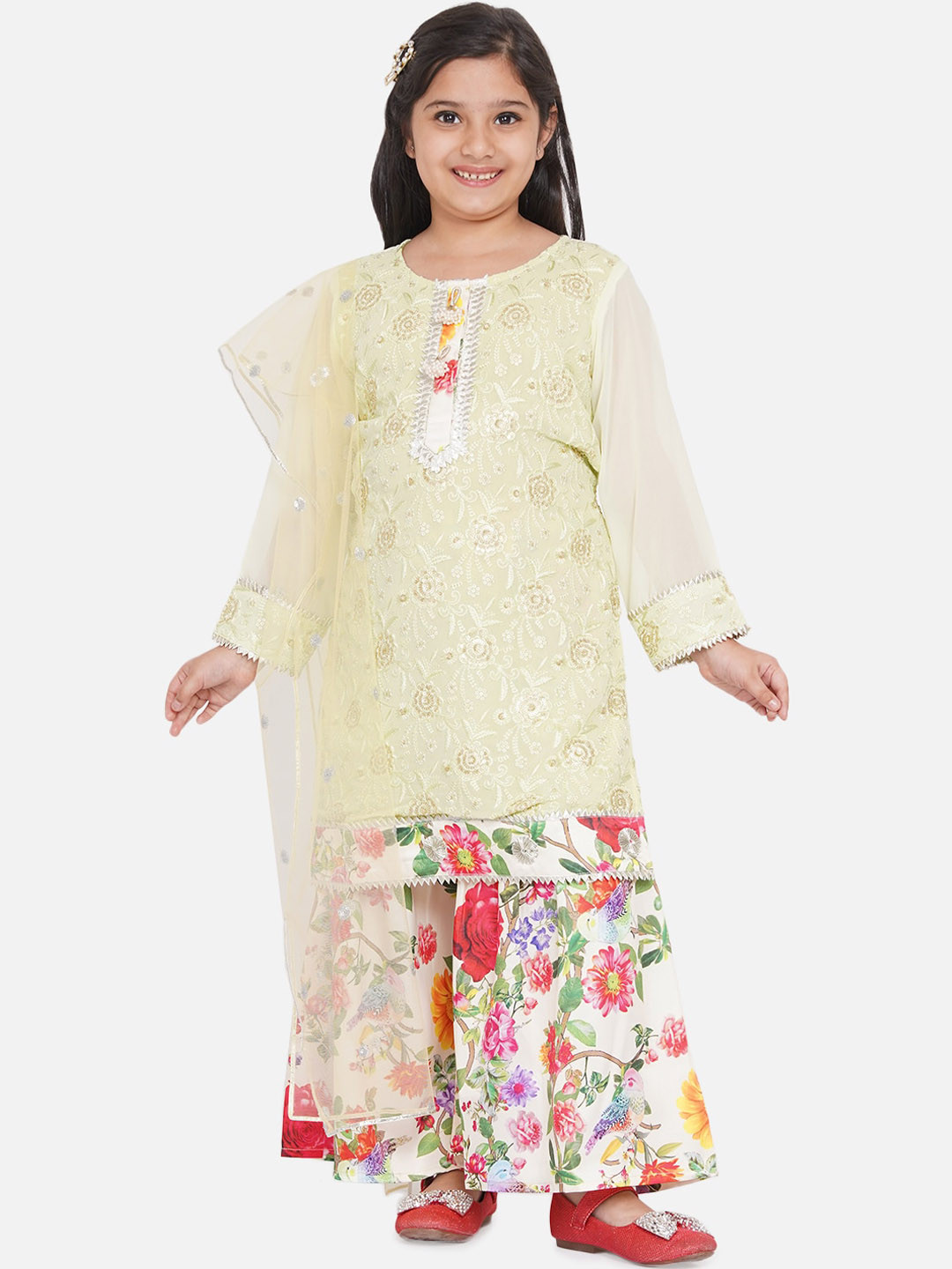Little Bansi Girls Lime Green & Yellow Floral Embroidered Sequinned Pure Cotton Kurti with Sharara & With Dupatta
