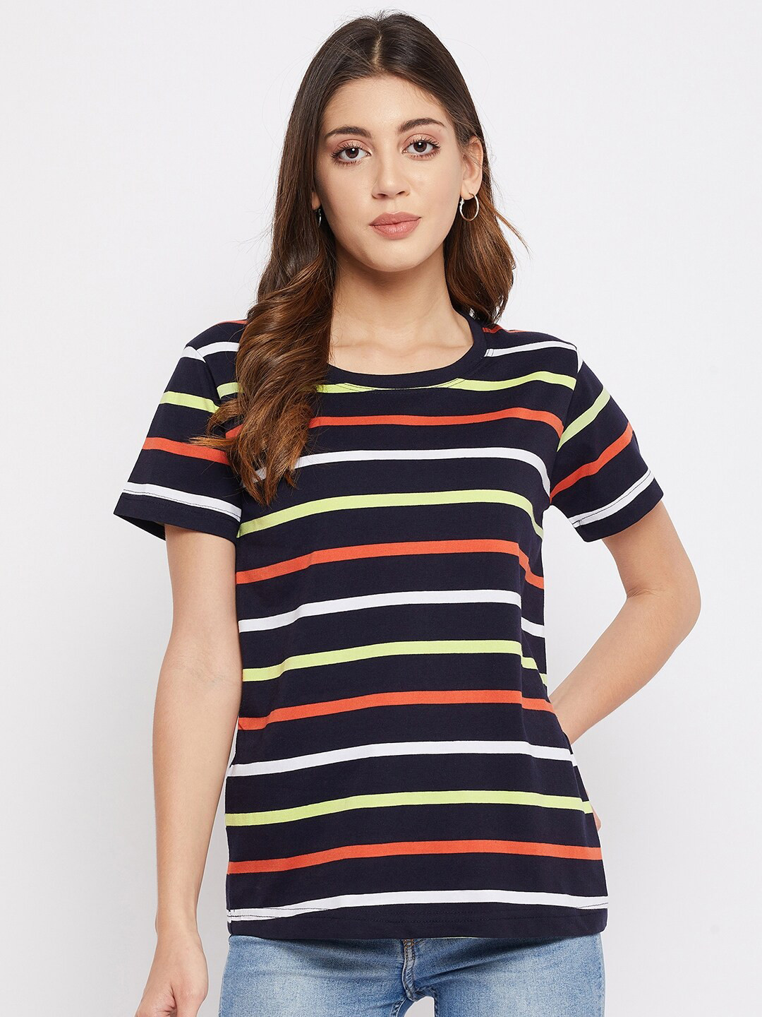 FirstKrush Women Navy Blue Striped Cotton T-shirt
