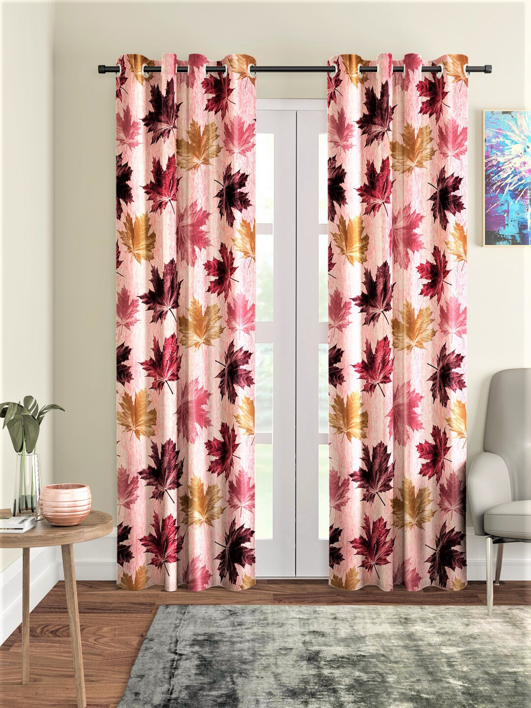 Home Sizzler Set of 2 Maroon & Brown Floral  3D Maple Long Door Curtains