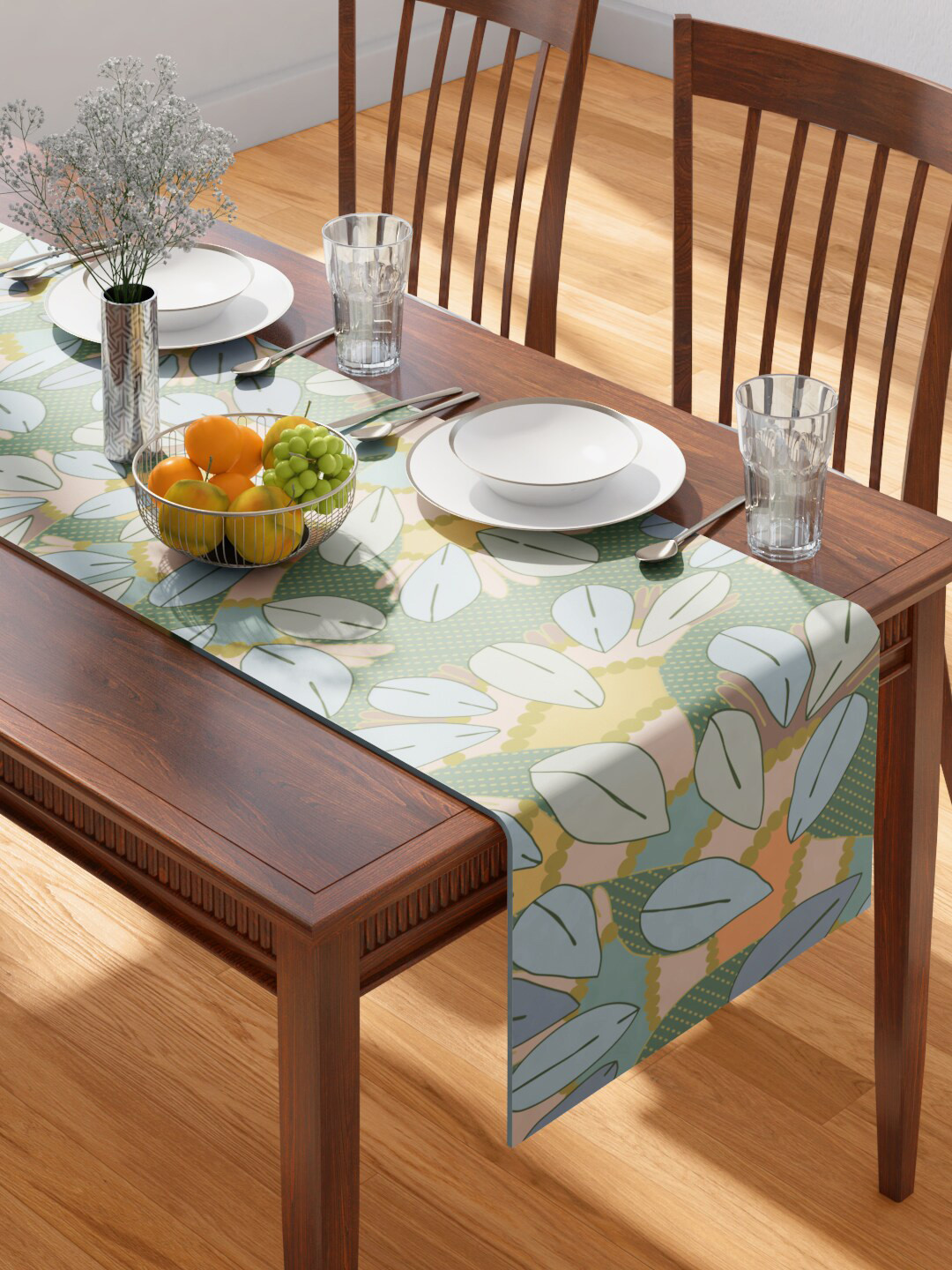 PETAL HOME Green & Blue Gondi Tree Printed Pure Cotton Table Runner