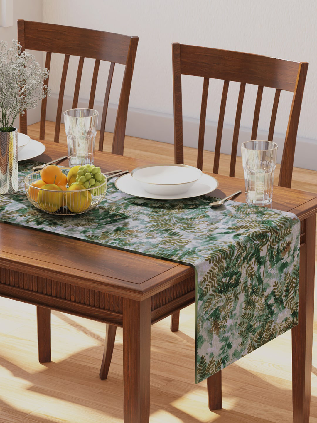 PETAL HOME Green Printed Pure Cotton Table Runner