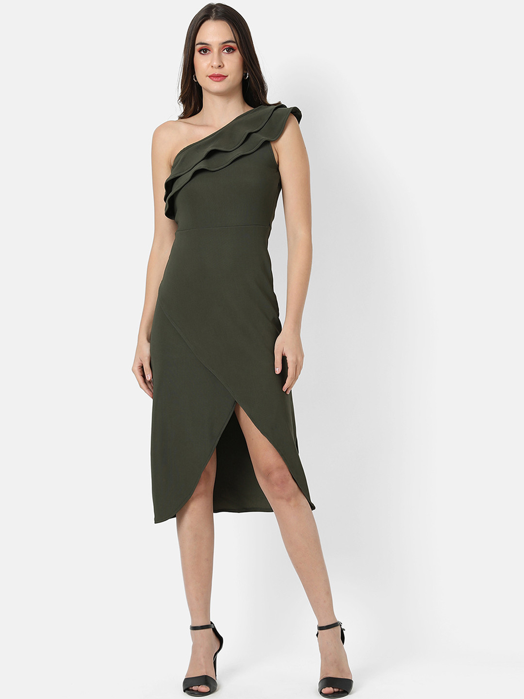 Campus Sutra Olive Green One Shoulder Crepe A-Line Midi Dress