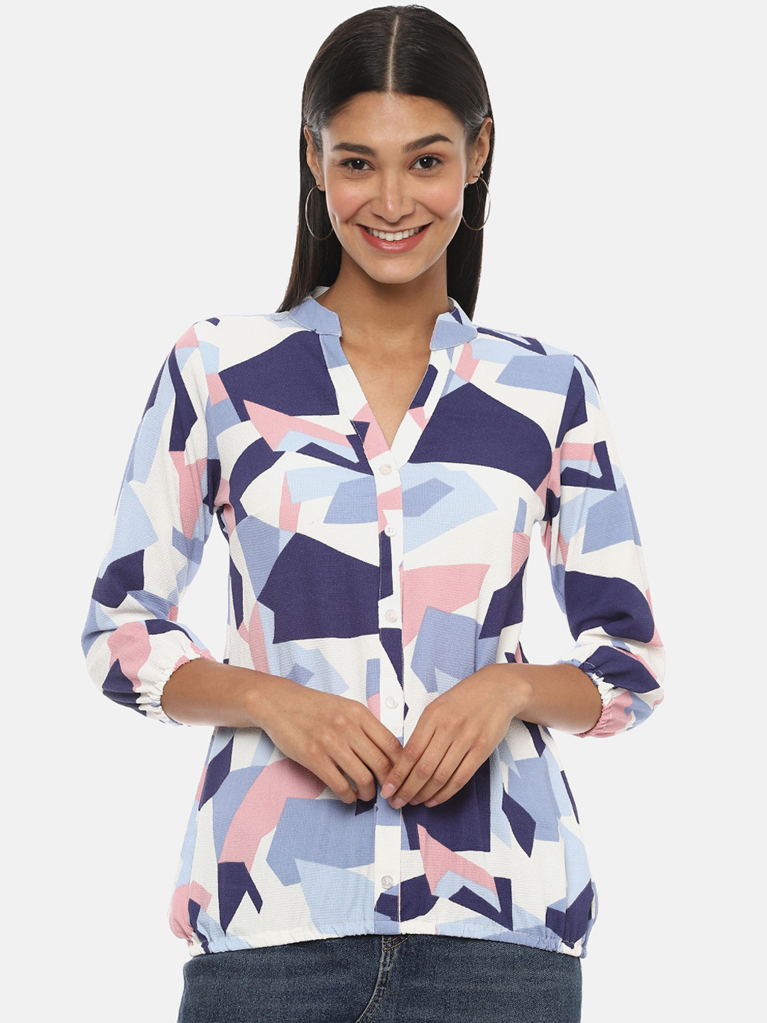 Campus Sutra White & Blue Print Mandarin Collar Crepe Blouson Top