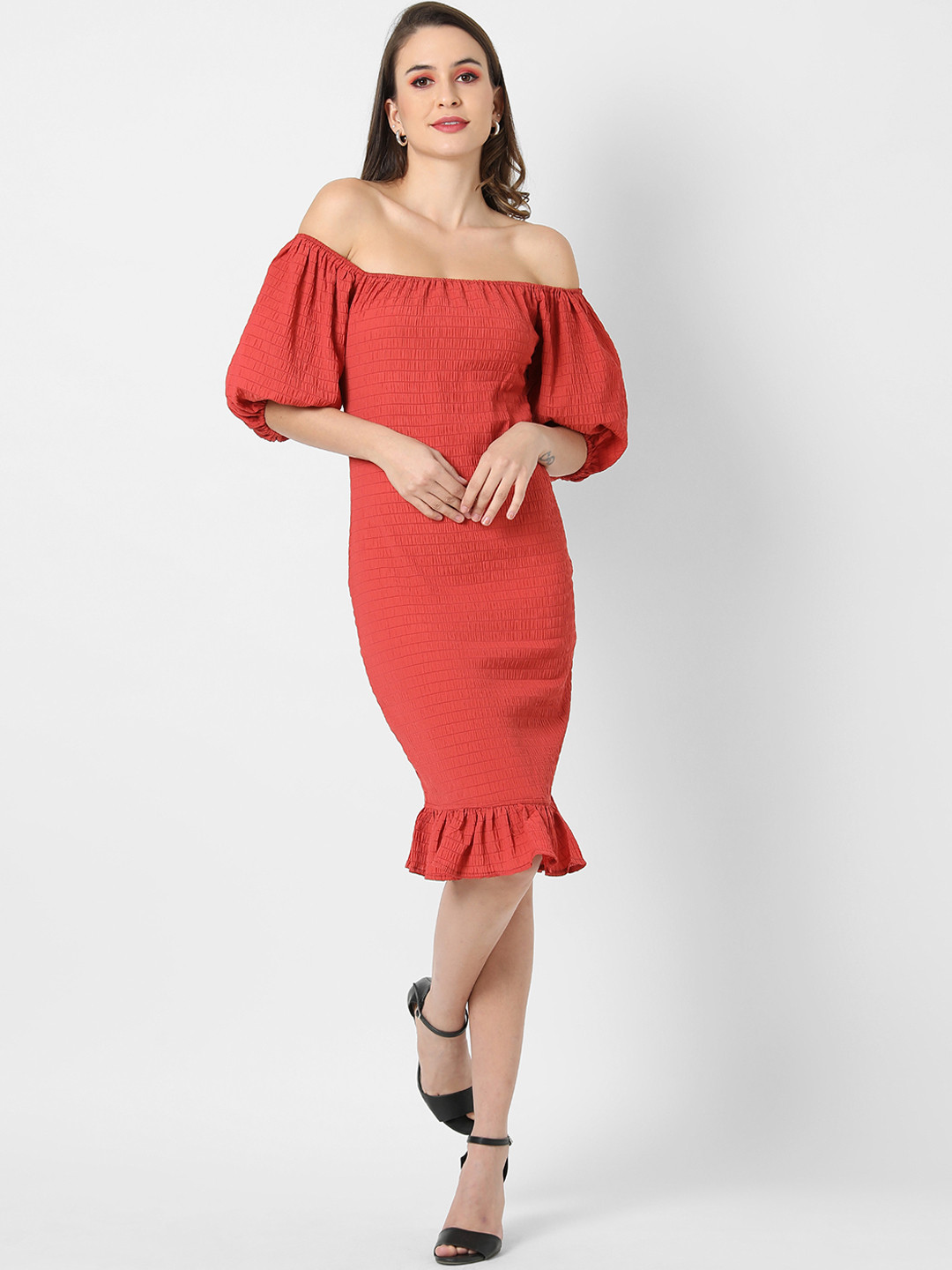 Campus Sutra Women Orange Off-Shoulder Crepe Bodycon Dress