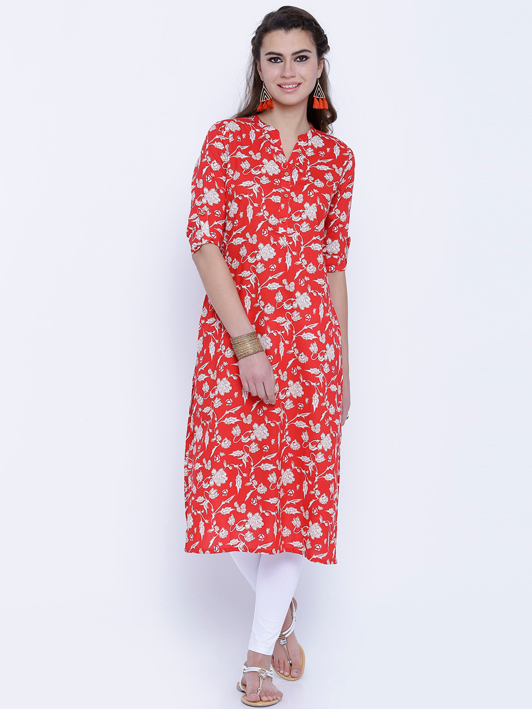 Vishudh Women Red Floral Print Straight Kurta