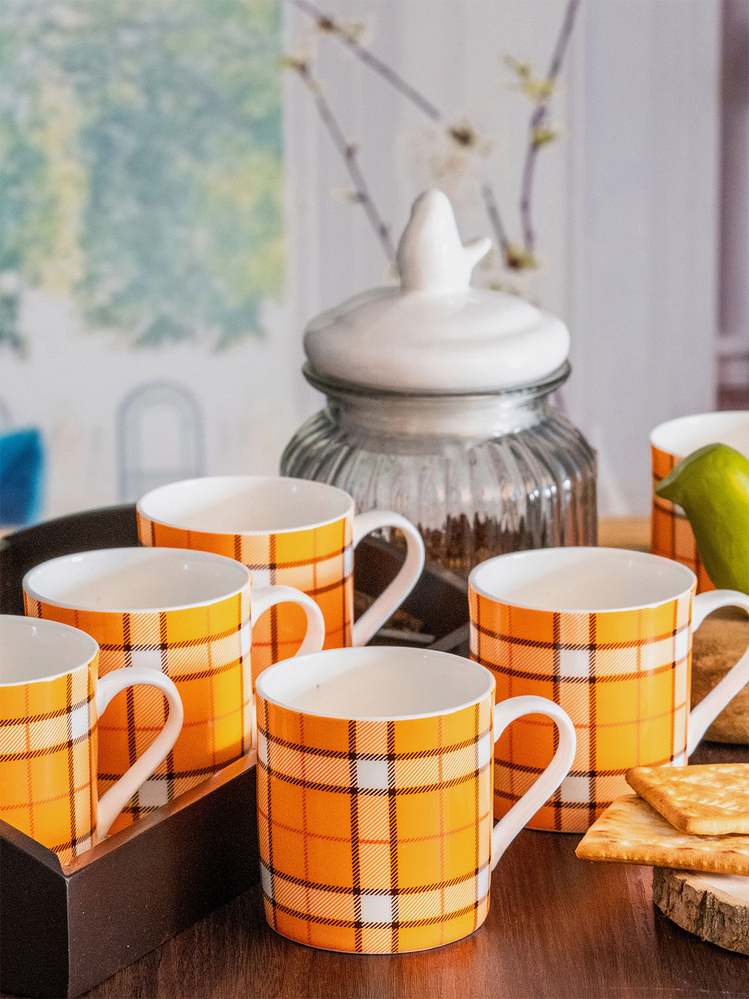 SONAKI 6 pcs White & Orange Checked Bone China Glossy Cups