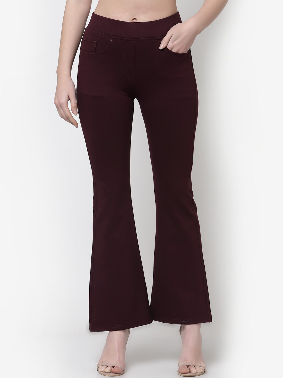 Westwood Women Maroon Solid Cotton Bootcut Trousers