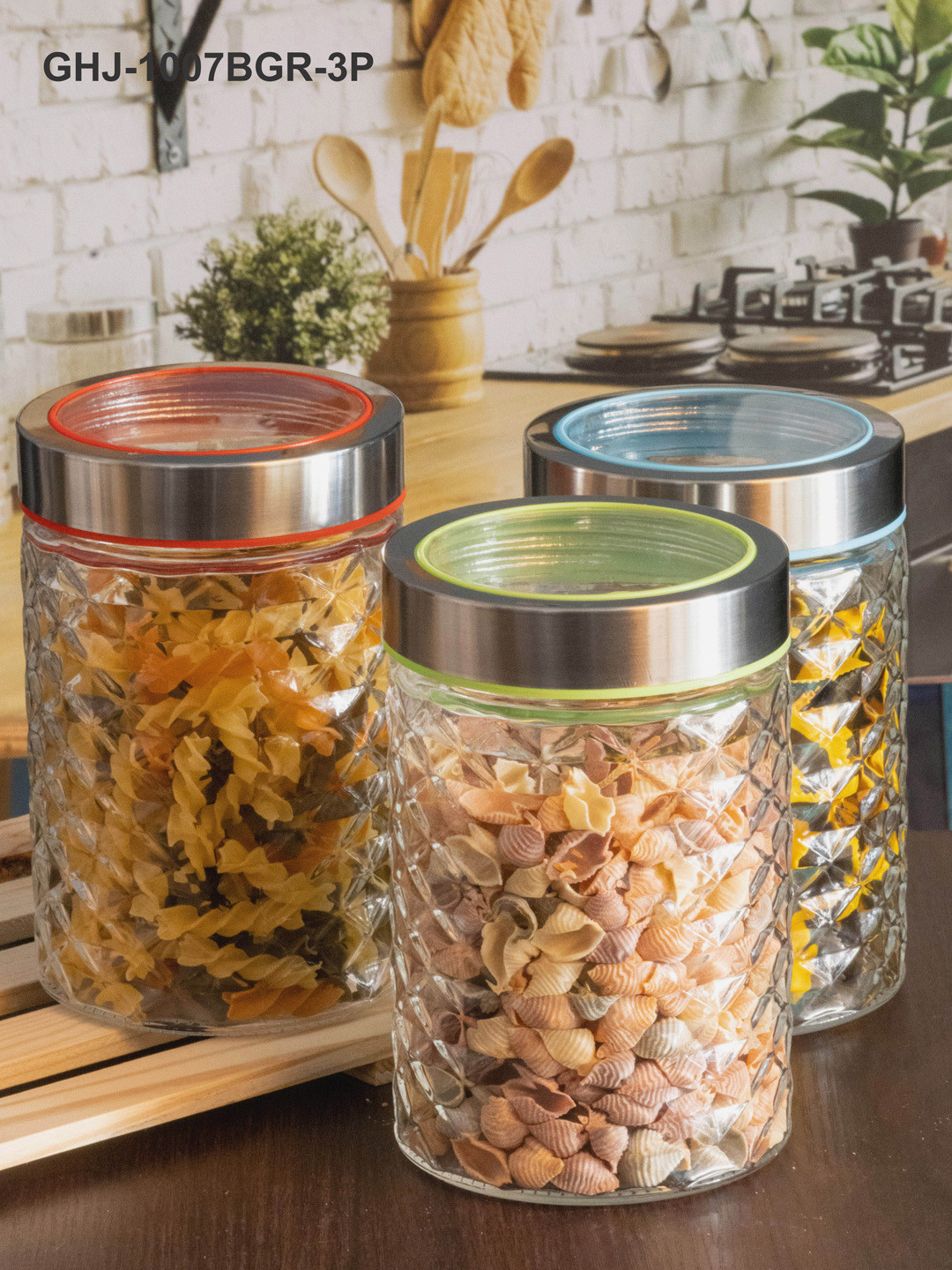 GOODHOMES Transparent Set of 3 Glass Storage Embossed Jar