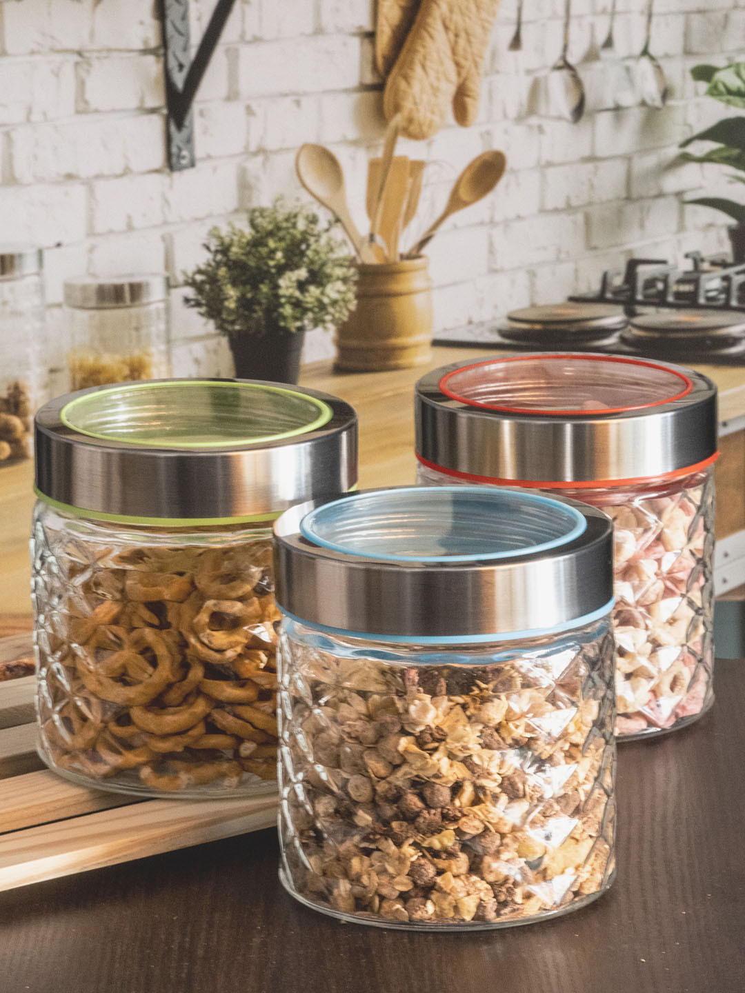 GOODHOMES Set of 3 Transparent Glass Storage Embossed Jar