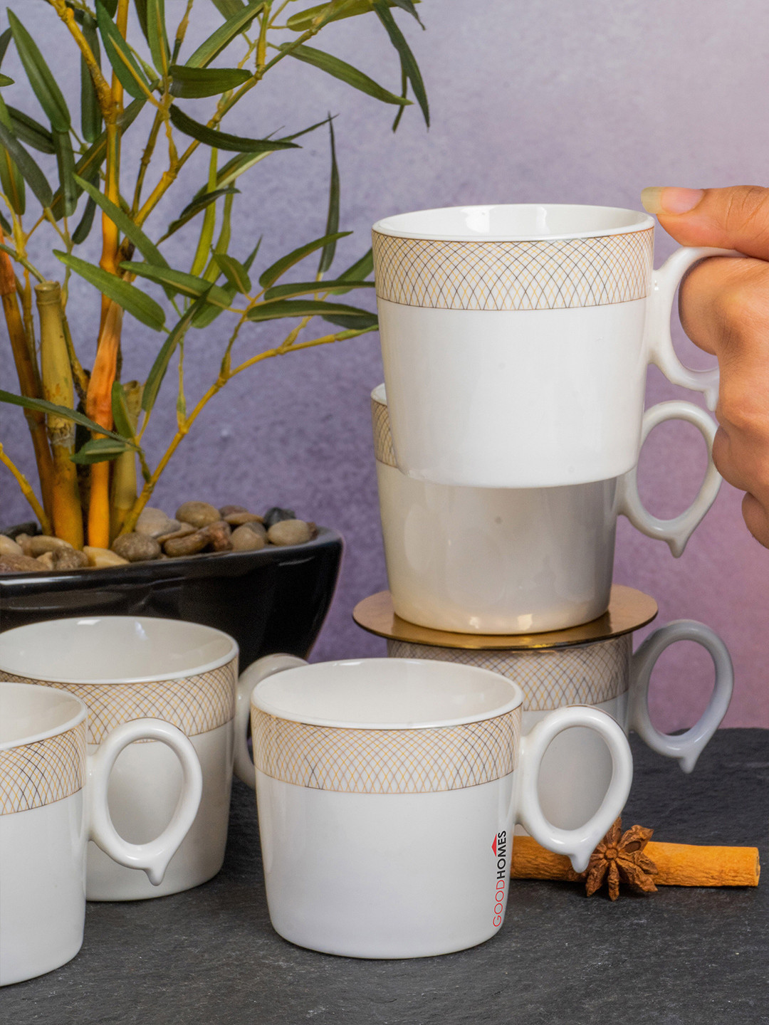 GOODHOMES Set Of 6 White & Gold-Toned Porcelain Dishwasher Safe Cups