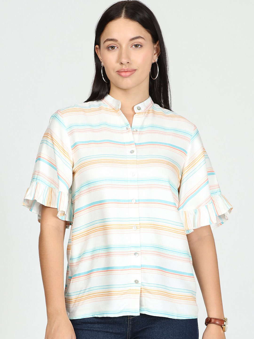 IDK Cream-Coloured & Blue Striped Mandarin Collar Shirt Style Top