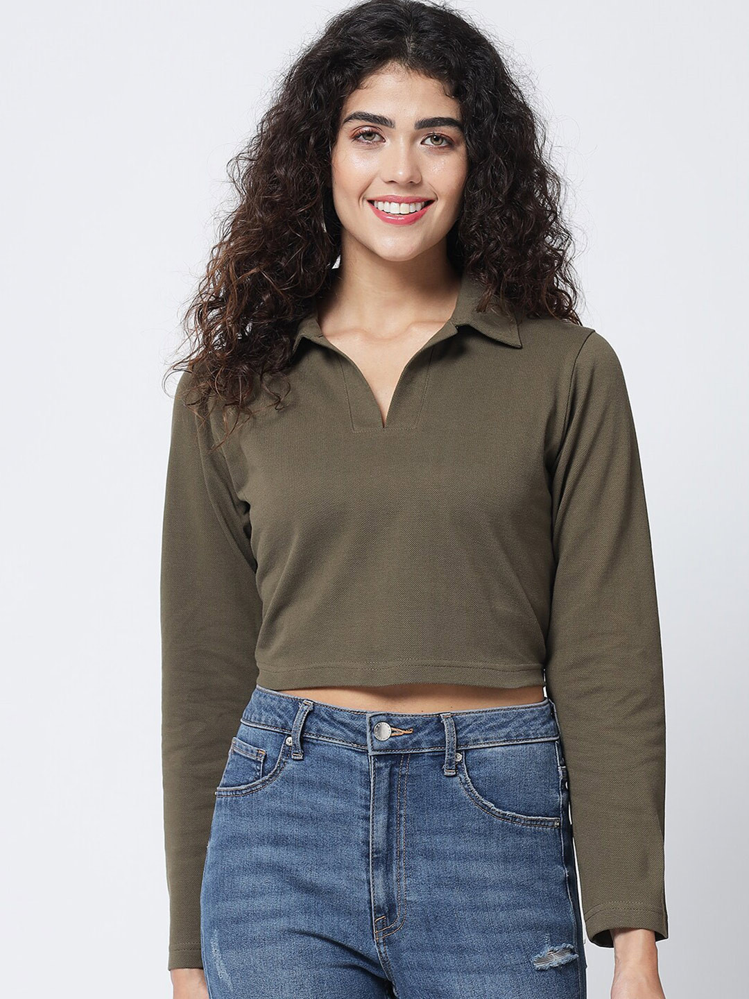 Trend Arrest Women Olive Green Polo Crop Top