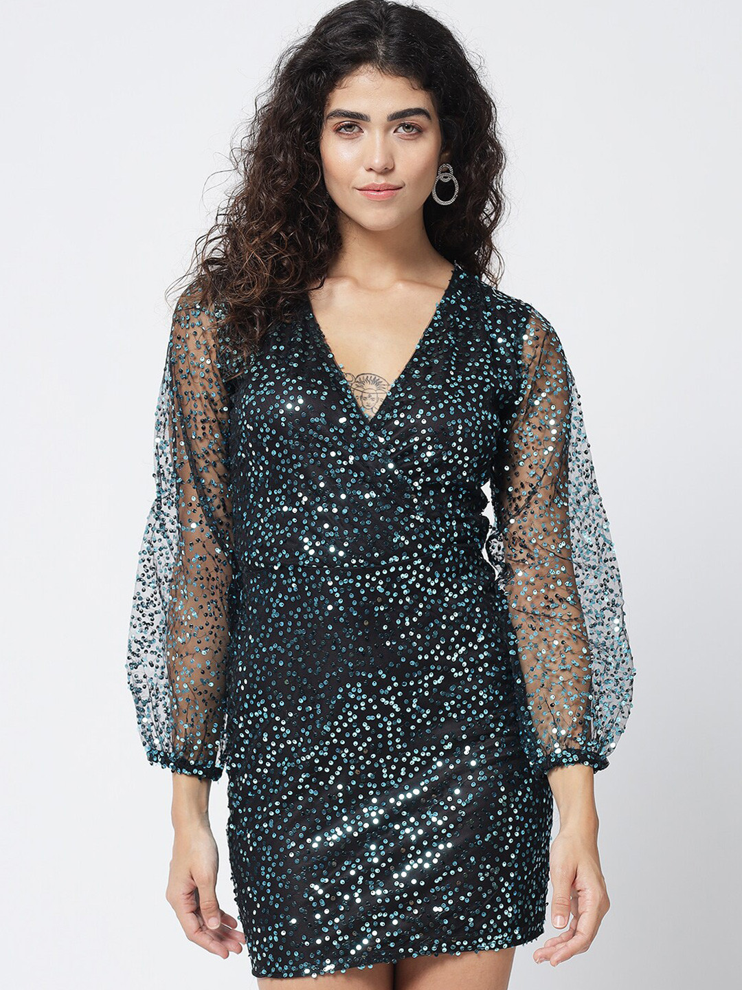 Trend Arrest Black & Teal Blue Embellished Mini Dress