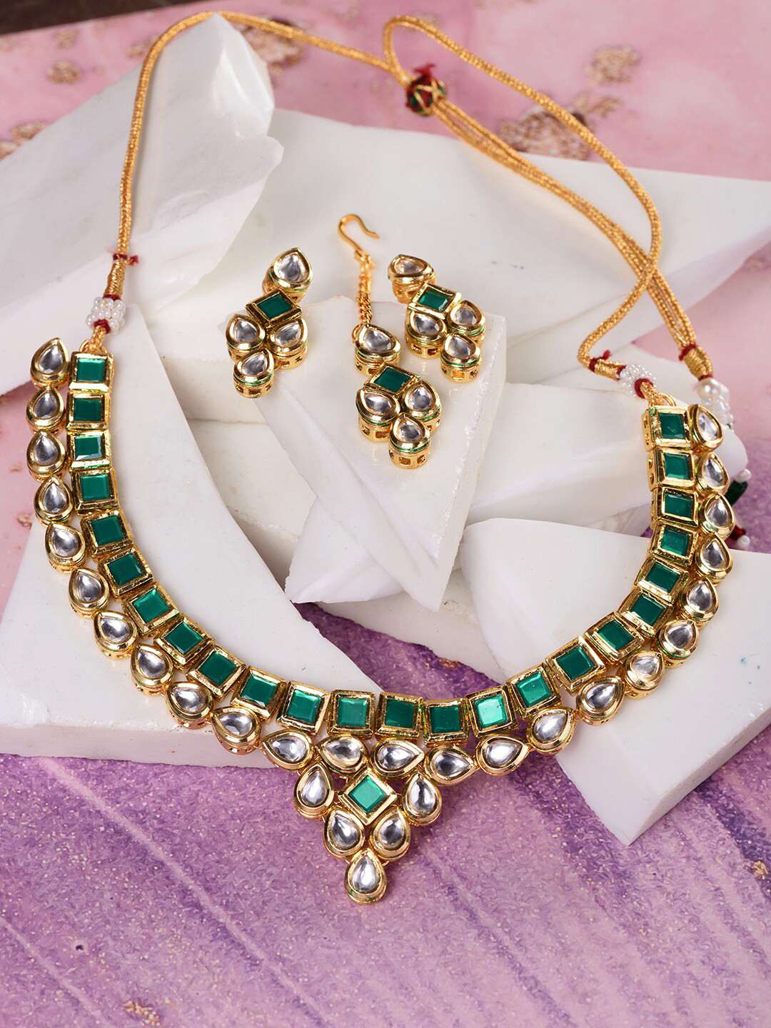 Saraf RS Jewellery Gold Plated Green & White Kundan Studded Necklace Jewellery Set