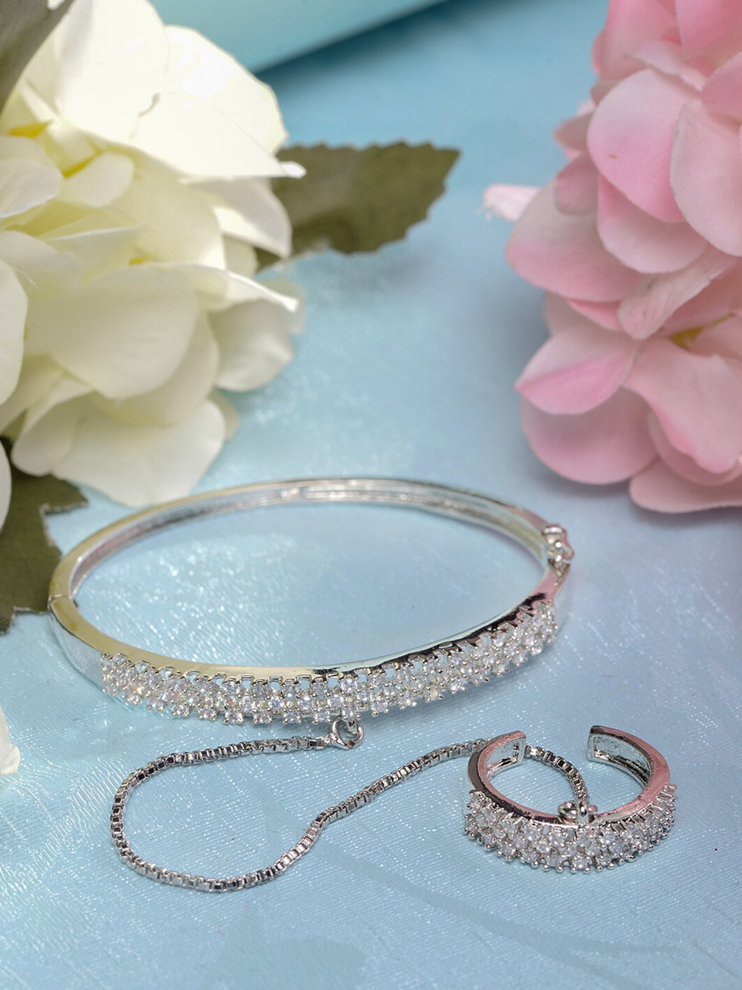 Saraf RS Jewellery Women Silver-Toned & White American Diamond Handcrafted Silver-Plated Ring Bracelet
