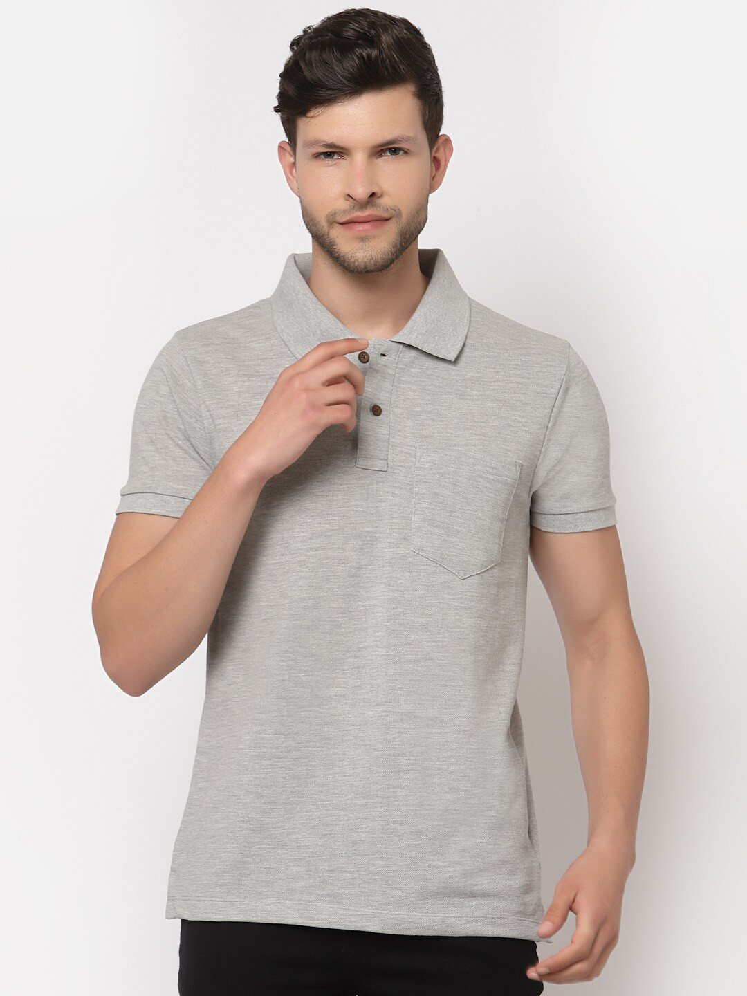 Kalt Men Grey Melange Polo Collar T-shirt