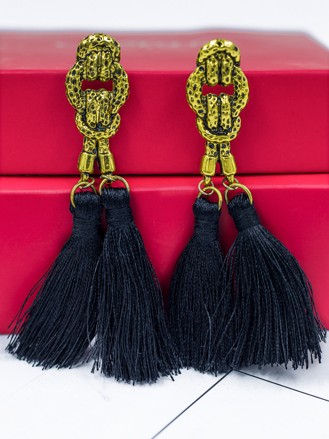 Bellofox Black & Gold-Toned Audrey Tassel Statement Drop Earrings