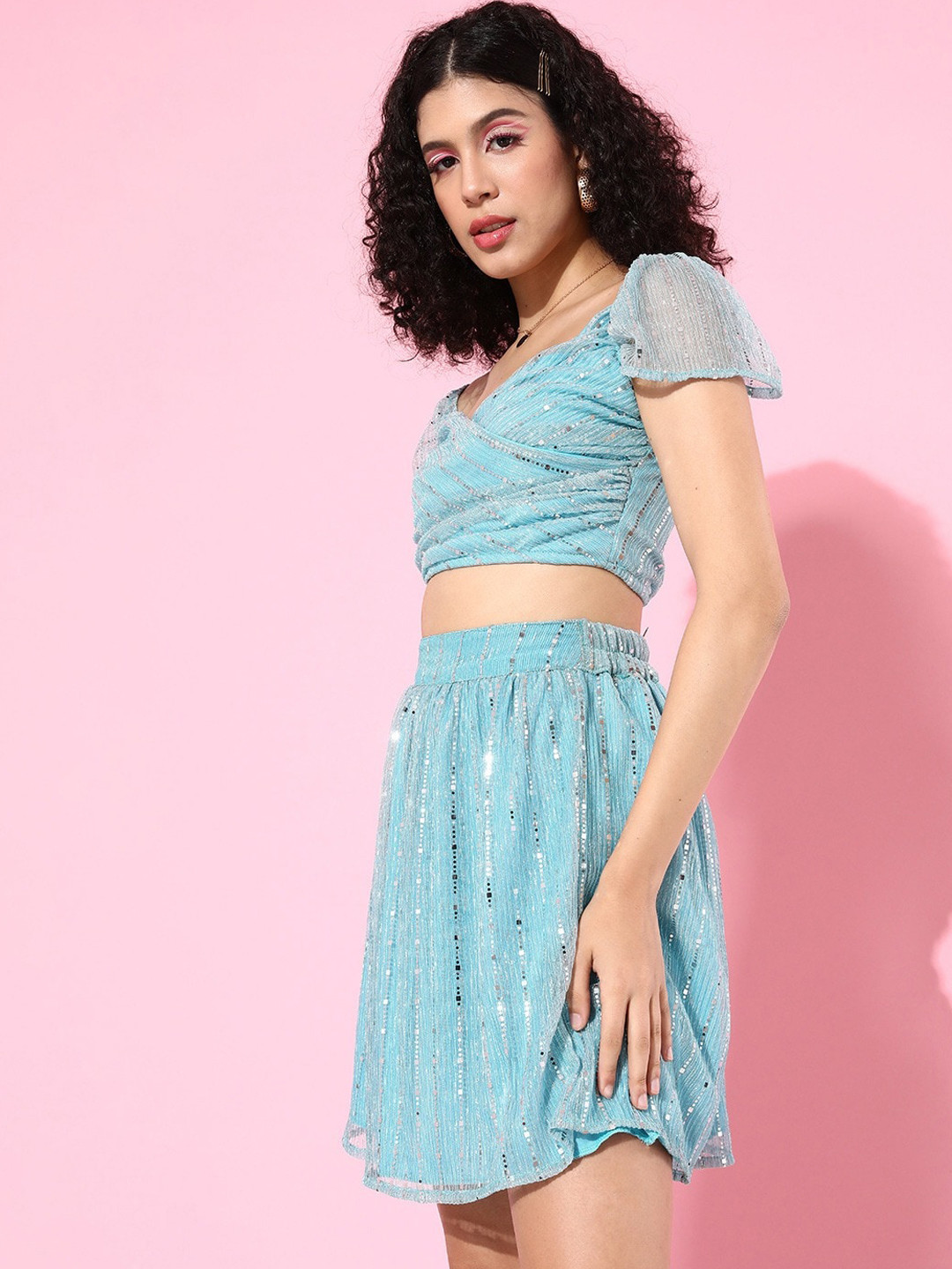 Sera Women Blue & Silver Sequinned Wrap Crop Top & Skirt