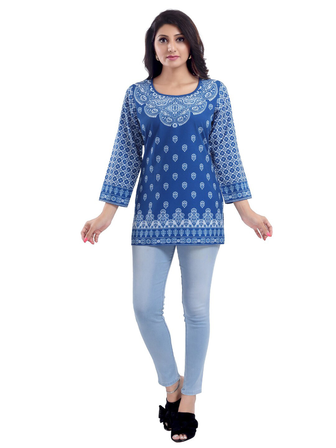 Saree Swarg Blue Print Crepe Top