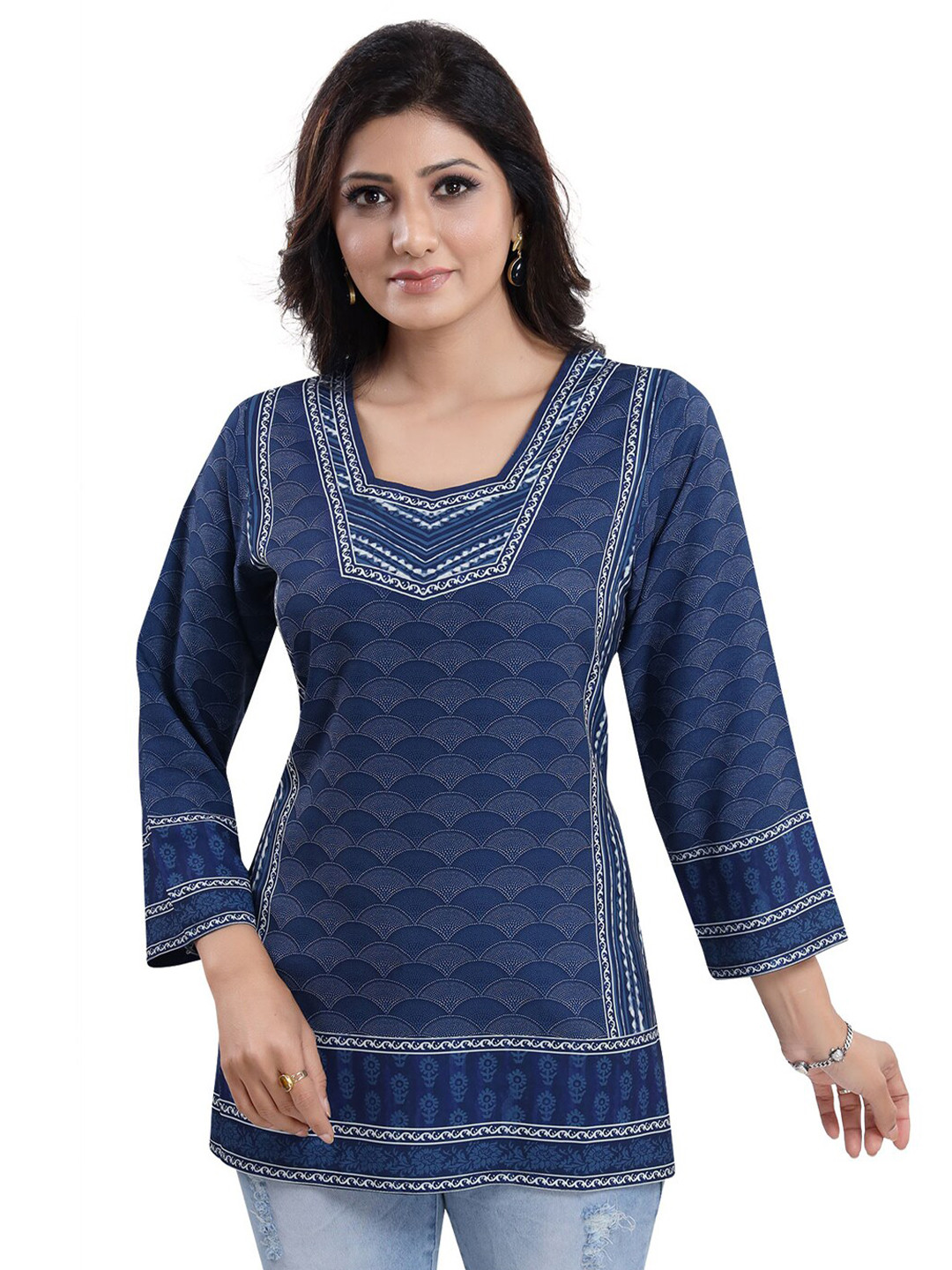 Saree Swarg Blue Print Crepe Top
