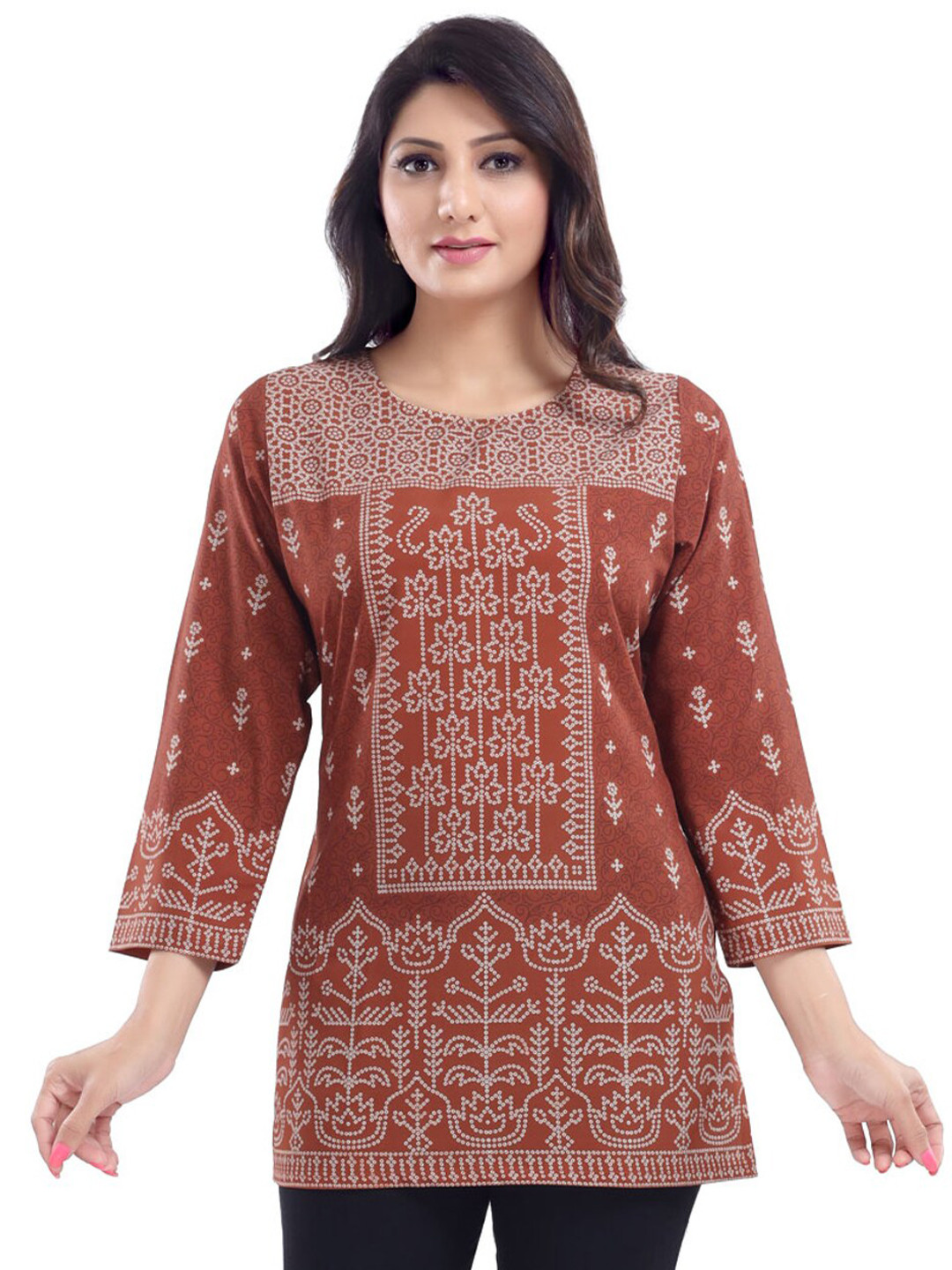 Saree Swarg Rust Print Crepe Top