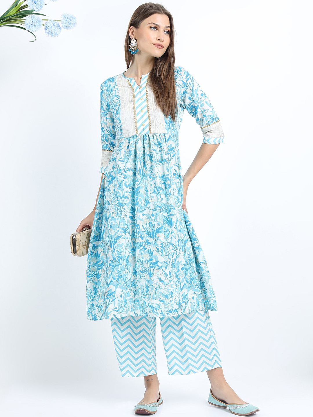 Vishudh Women Turquoise Blue Printed Pleated Kurti with Palazzos