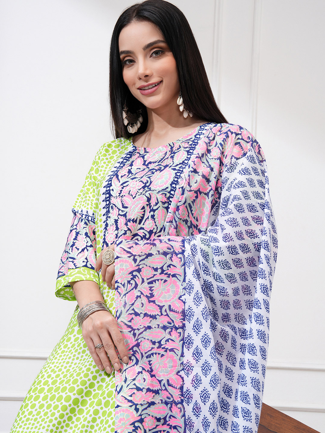 Vishudh Women Green Printed Kurti with Palazzos & With Dupatta