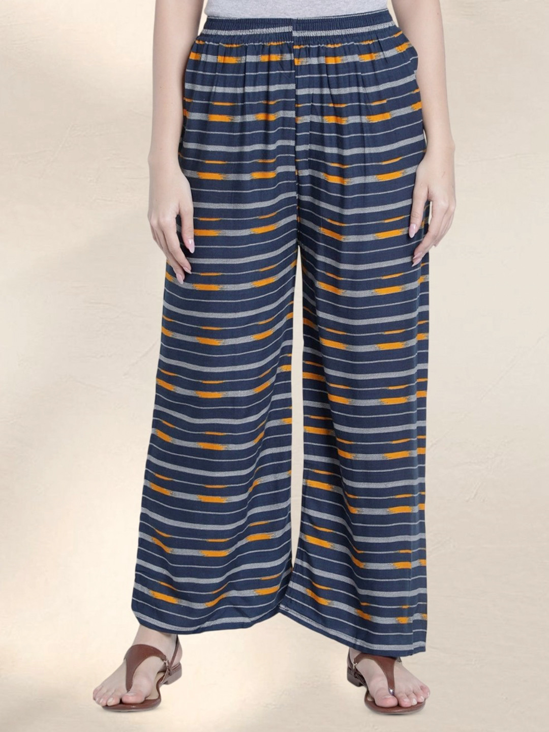 Fabclub Women Navy Blue & Orange Striped Wide Leg Palazzos