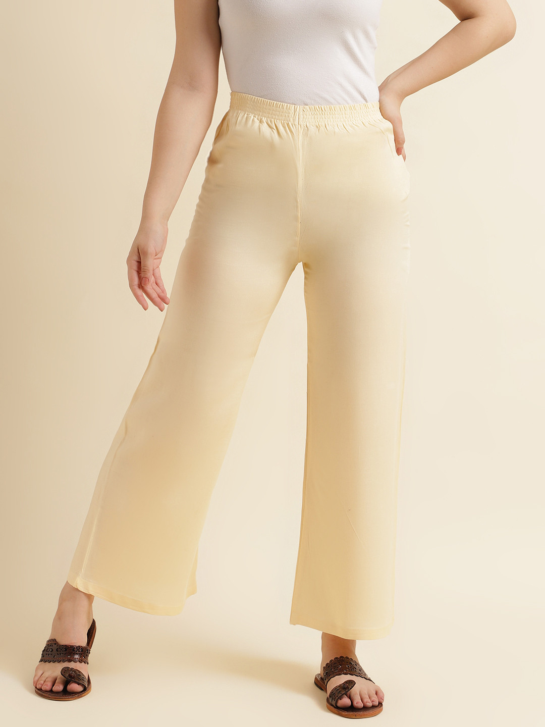 Fabclub Women Cream-Coloured Solid Ethnic Palazzos
