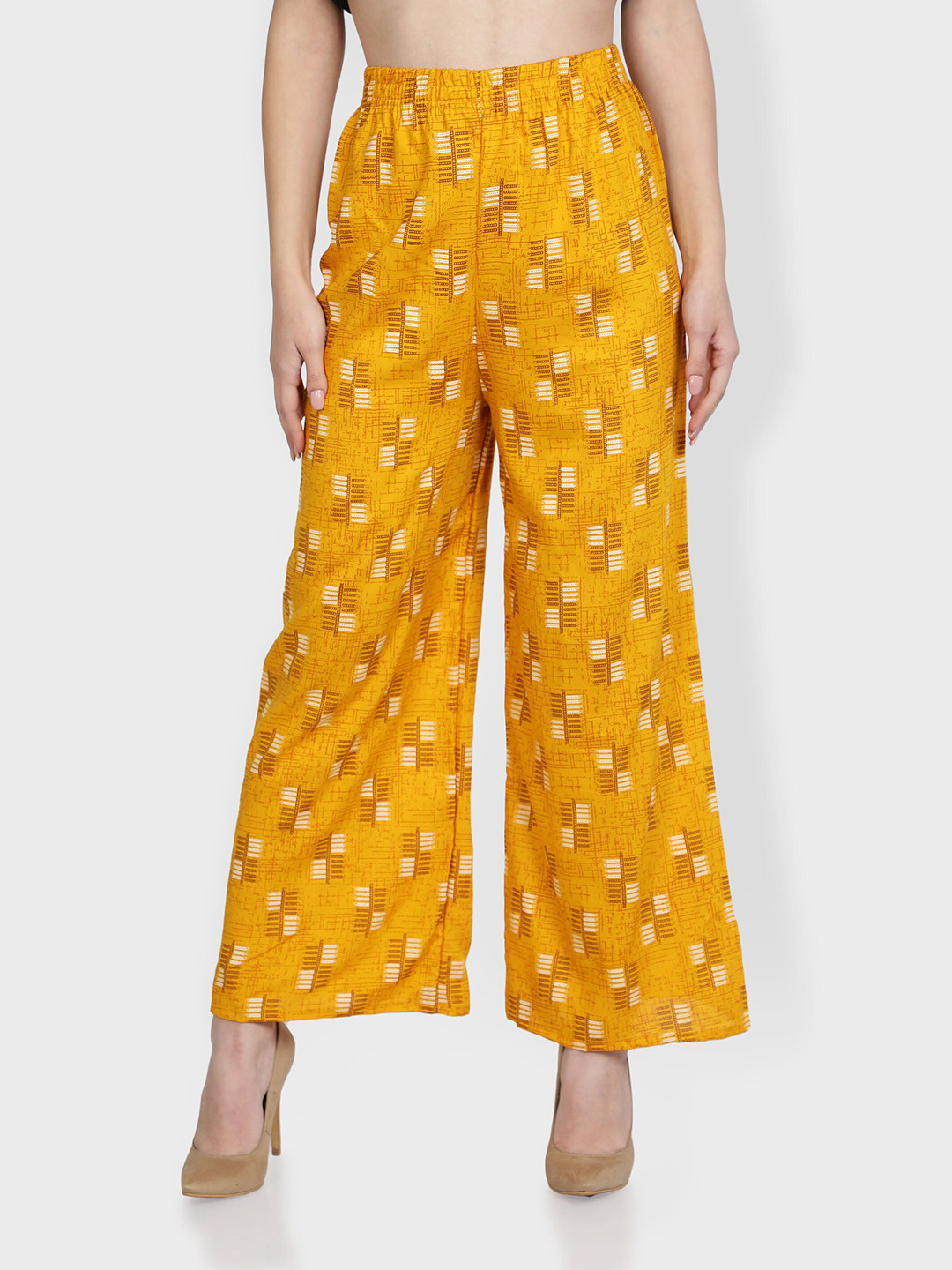 Fabclub Women Mustard Yellow & Cream-Coloured Printed Ethnic Palazzos