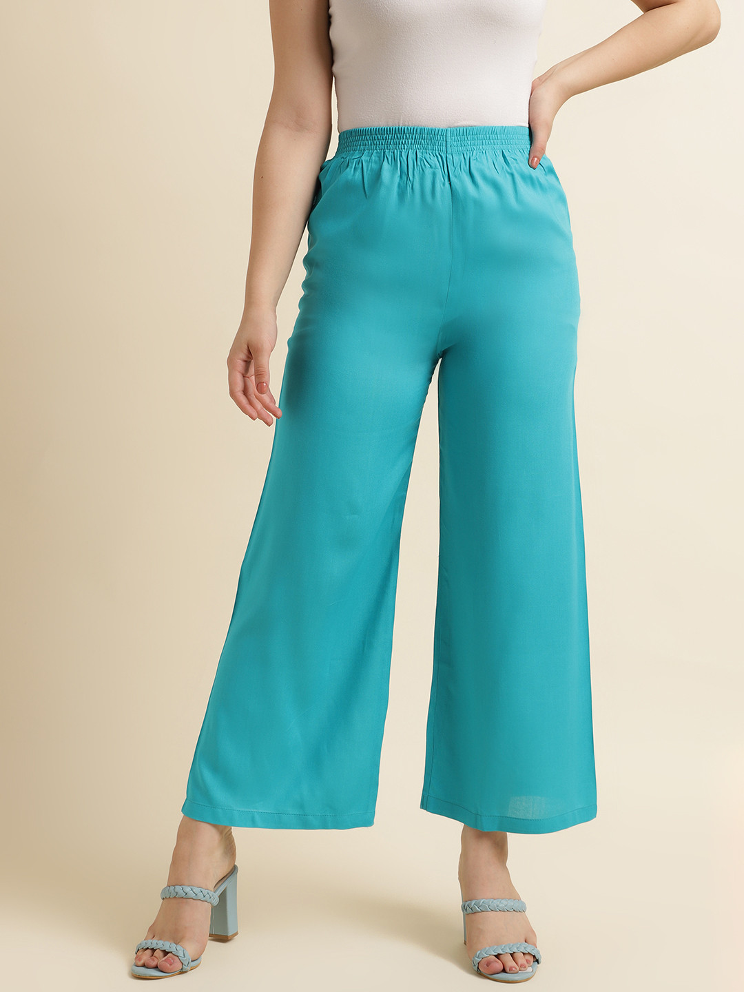 Fabclub Women Turquoise Blue Wide Leg Palazzos