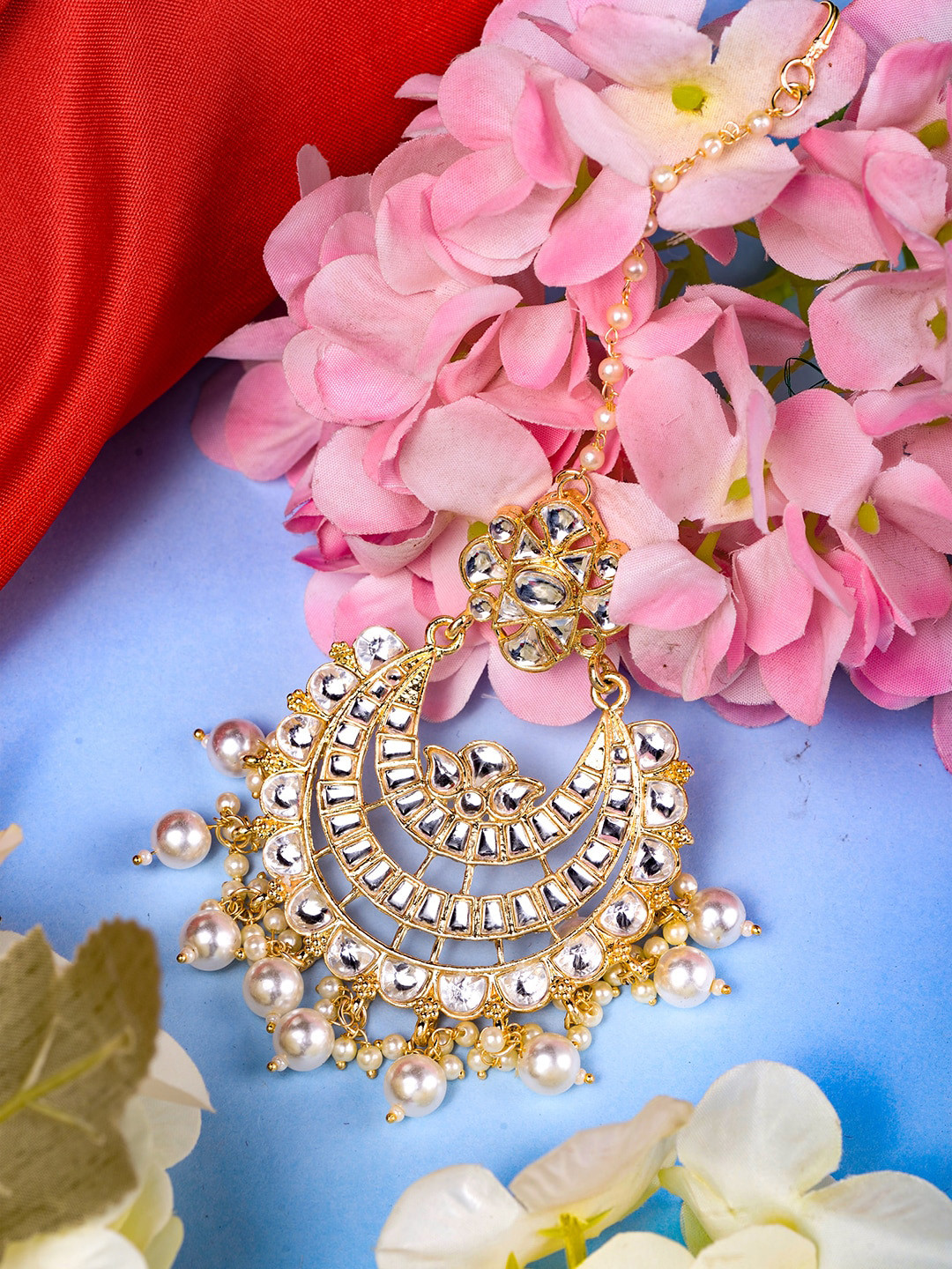 Saraf RS Jewellery Gold-Plated Kundan & Pearl Beaded Chandballi Maangtika
