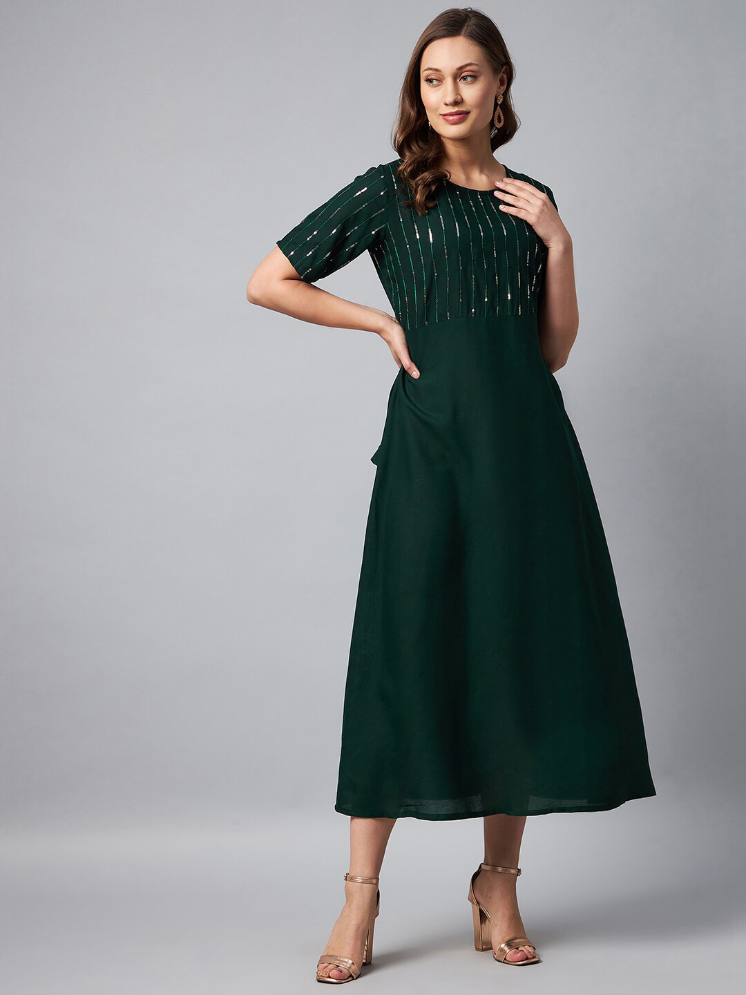 Orchid Blues Green Embellished Pure Cotton Midi Dress
