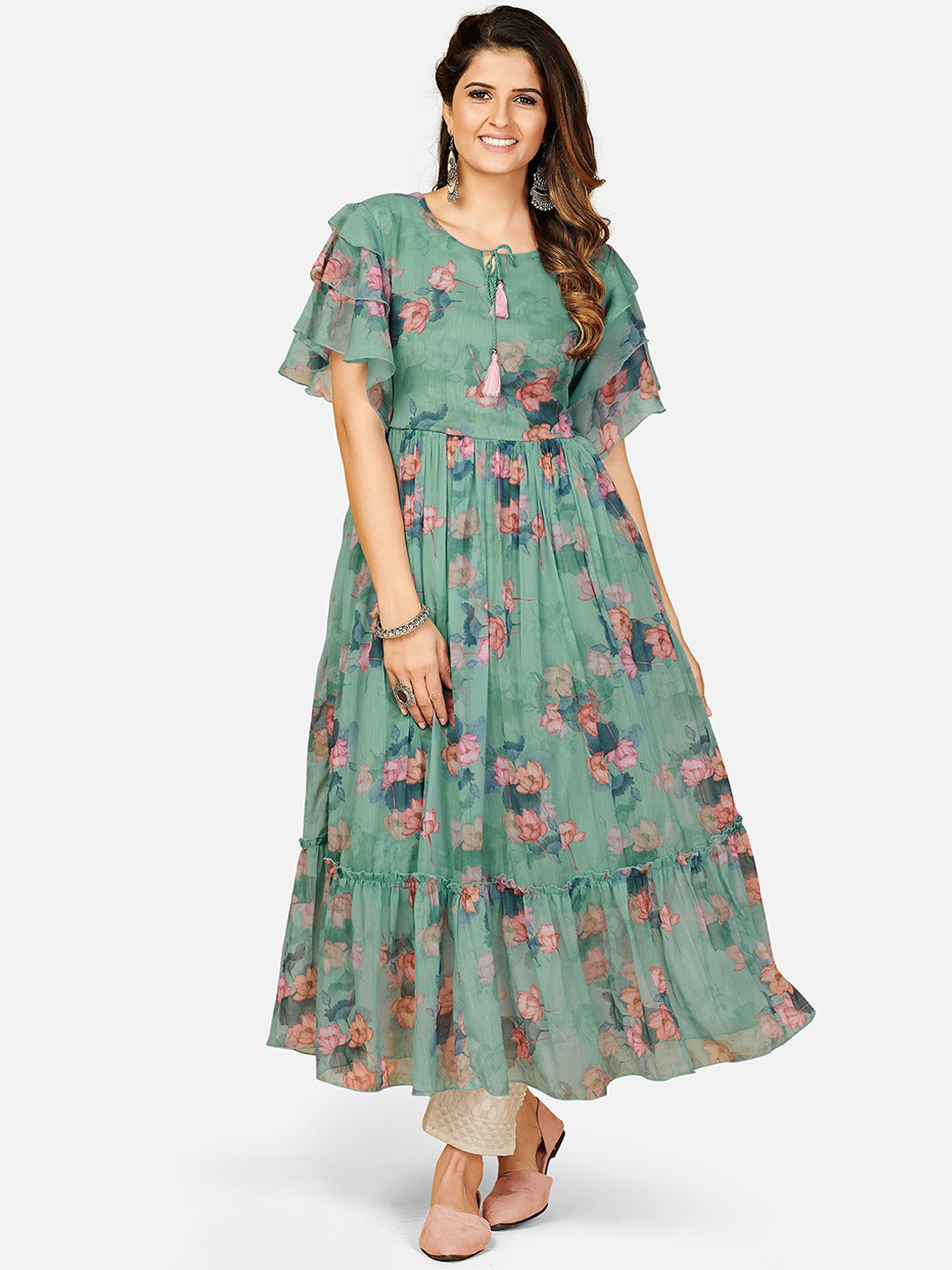 Vbuyz Women Sea Green & Pink Floral Printed Flared Sleeves Anarkali Kurta
