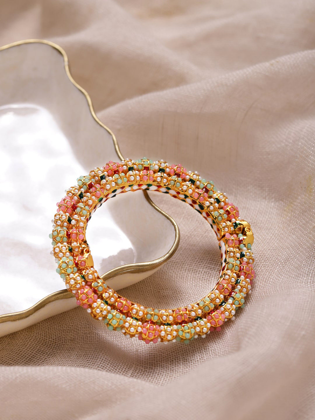 Ruby Raang Gold-Plated & Green Stone-Studded & Beaded Meenakari Bangle