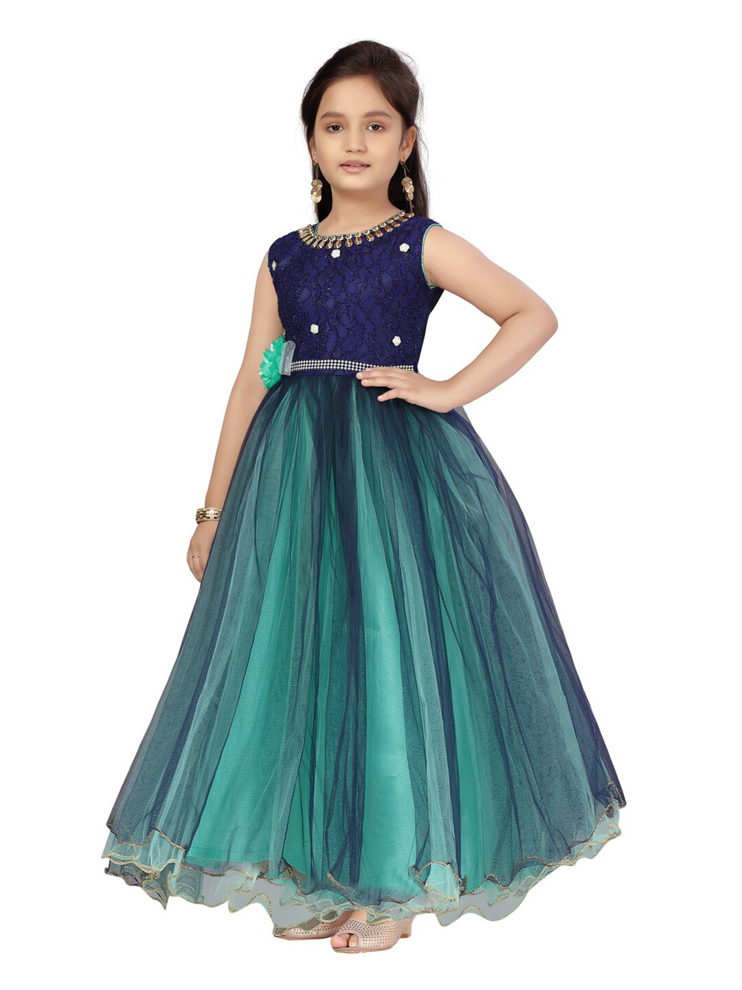 Aarika Green & Navy Blue Embellished Net Party Dress