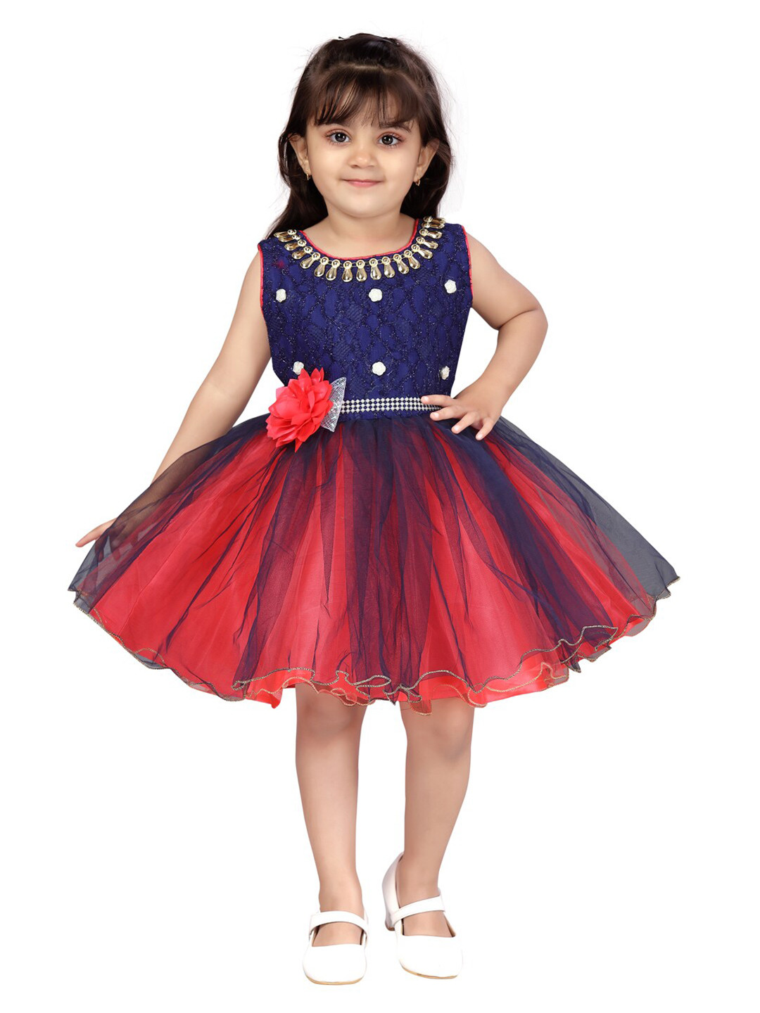 Aarika Navy Blue & Fuchsia Embellished Net Dress