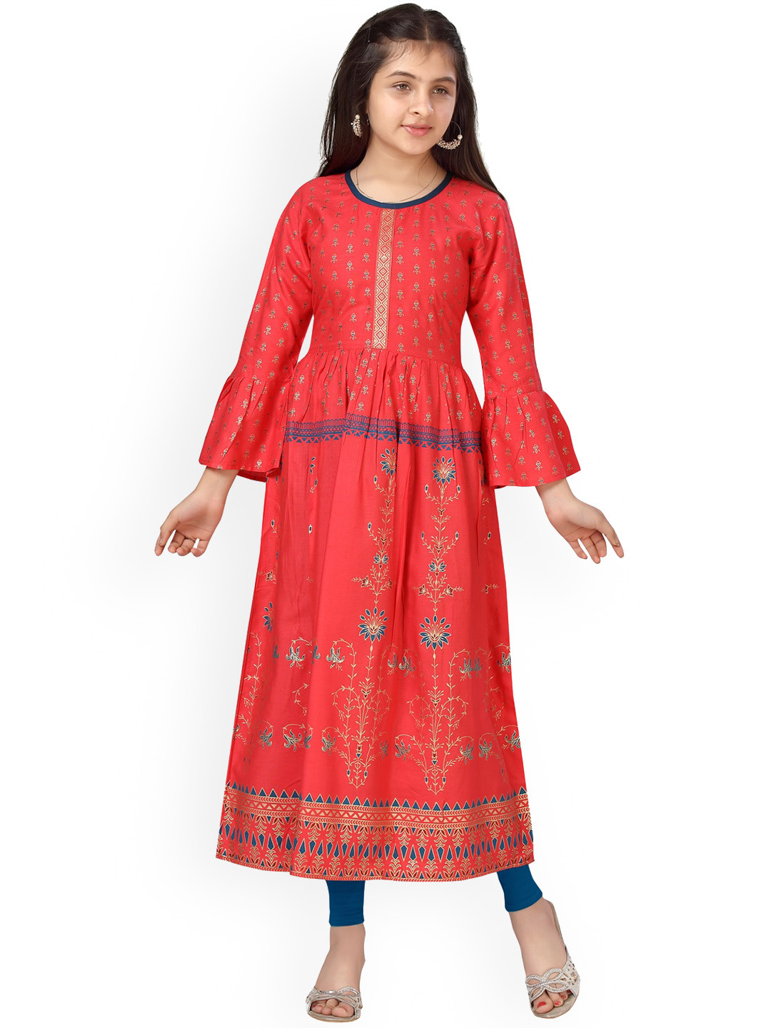 Aarika Girls Red Ethnic Motifs Printed Flared Sleeves Kurta